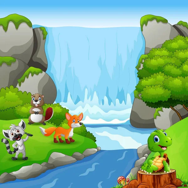 滝の風景の背景を持つかわいい動物 — ストックベクタ