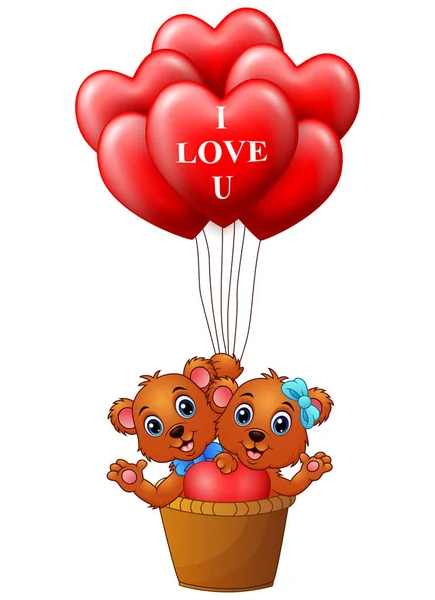 Cartoon-Bär im Korb mit rotem Ballon in Herzform — Stockvektor
