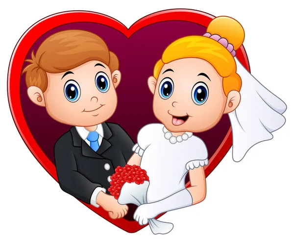 Wedding couple with red frame in the shape of heart — Stock Vector