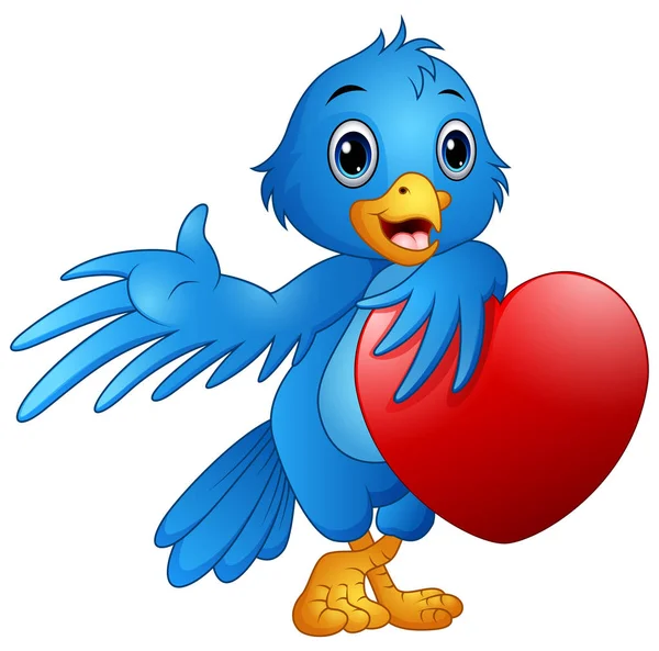 Carino uccello blu cartone animato in possesso di un cuore d'amore — Vettoriale Stock