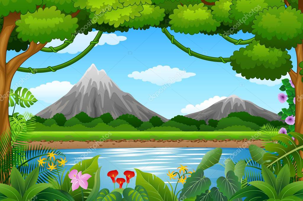 Dibujos: lagos | Fondo de paisaje con montañas y lago azul — Vector de