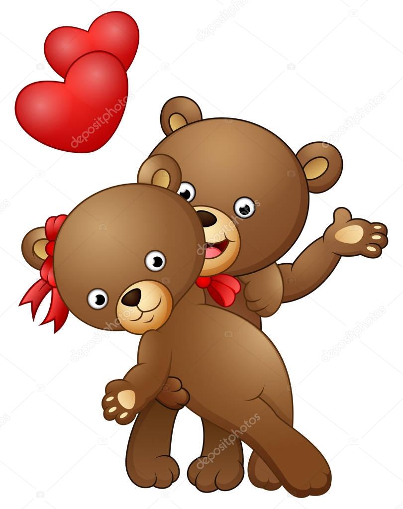 Cartoon teddy bear couple dancing with red heart