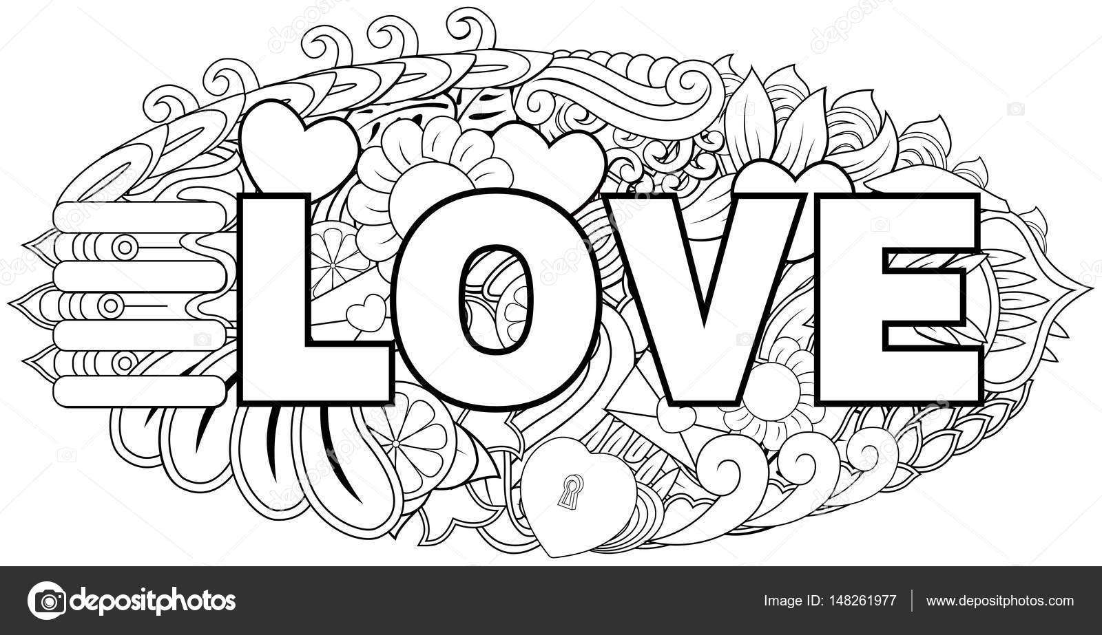 Love you romantic hand drawn lettering text with doodle drawings. 8048885  Vector Art at Vecteezy