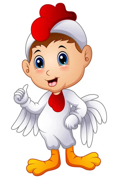 Dibujos animados niño en un disfraz de pollo dando pulgares hacia arriba — Vector de stock