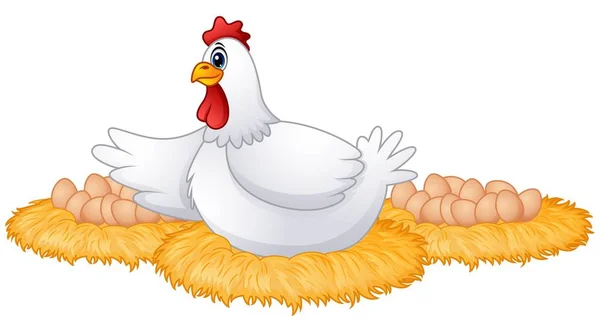 Милая мультяшная курица с большим количеством яиц в гнезде — стоковый вектор