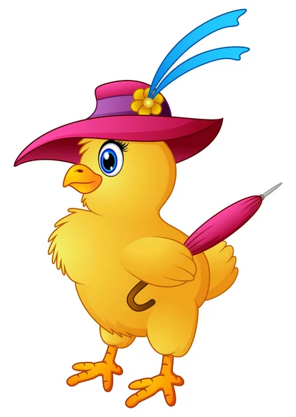Grappige cartoon kip dragen van hoed met houden een paraplu — Stockvector