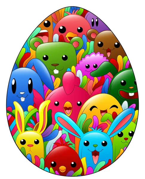 Huevo de Pascua ornamental dibujado a mano de color con patrón de garabatos con elementos de dibujos animados lindos. Conejos divertidos, pájaros, osos y criaturas — Vector de stock