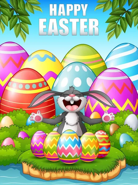 Conejo de dibujos animados riendo con cinco huevos de Pascua decorados en el bosque cerca del río — Vector de stock