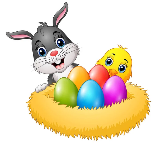 Пасхальный кролик с цыплятами и разноцветными яйцами в гнезде — стоковый вектор