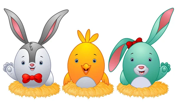 有趣的复活节彩蛋在窝里的兔耳朵 — 图库矢量图片