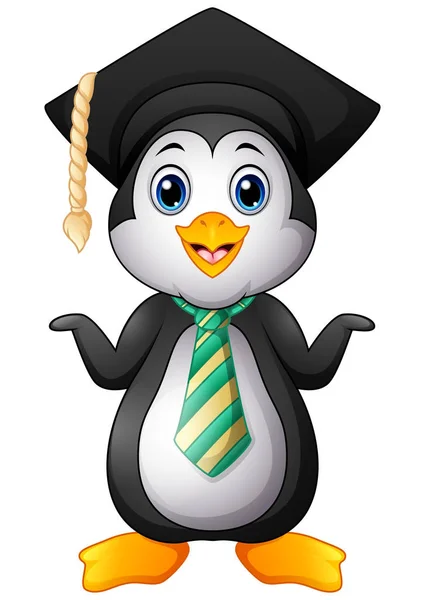 Pingvin tecknad med examen cap och randig slips — Stock vektor