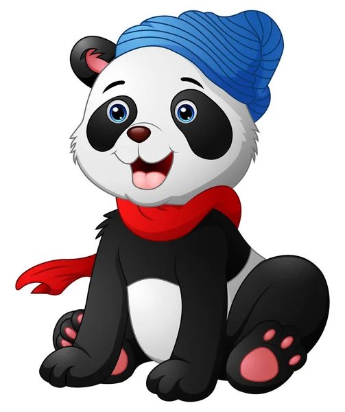 Мила мультяшна панда сидить у червоному шарфі та синьому капелюсі — стоковий вектор