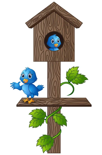 Мультфильм о синей птице в деревянном почтовом ящике — стоковый вектор