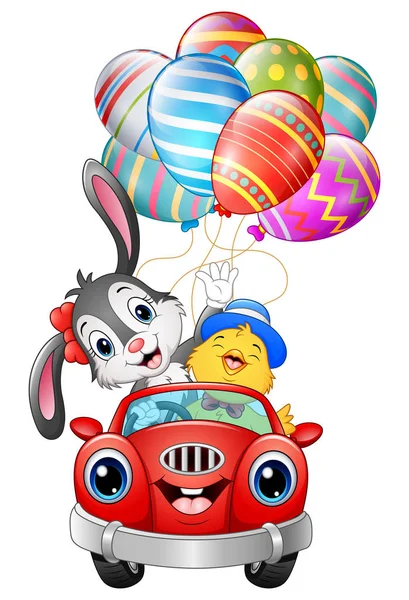 Пасхальный кролик с цыпочками за рулем автомобиля несет пасхальные яйца — стоковый вектор