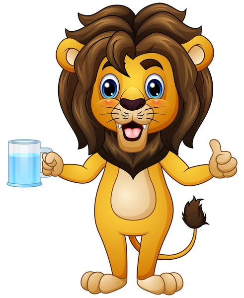 Карикатурный лев с напитком в руках — стоковый вектор