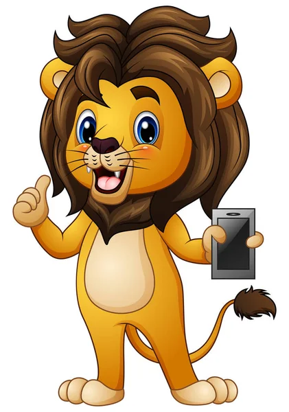 Мультипликационный лев, сдающий большие пальцы, держа в руках телефон — стоковый вектор