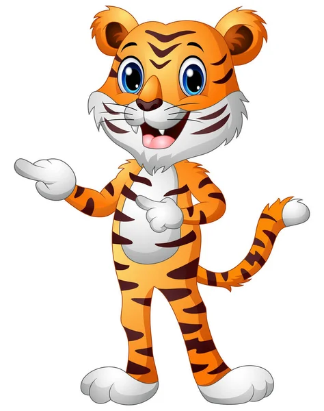 Funny tiger cartoon pointing both fingers — Stock Vector