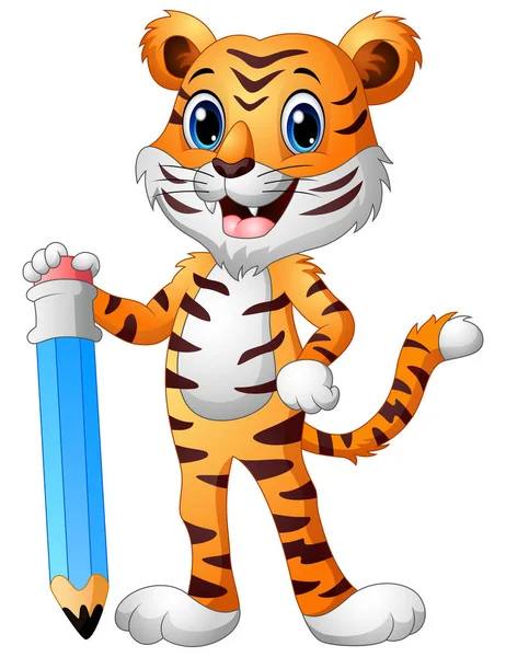 Zabawny Tygrys kreskówka trzymając wielki ołówek — Wektor stockowy