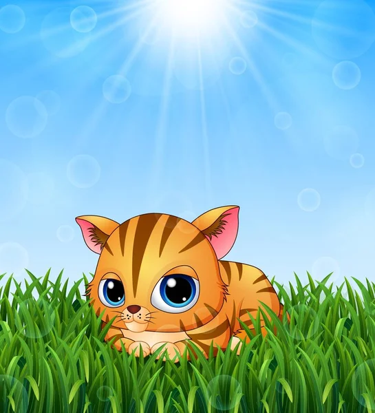 Lindo gatito de dibujos animados acostado en la hierba en un fondo de sol brillante — Vector de stock