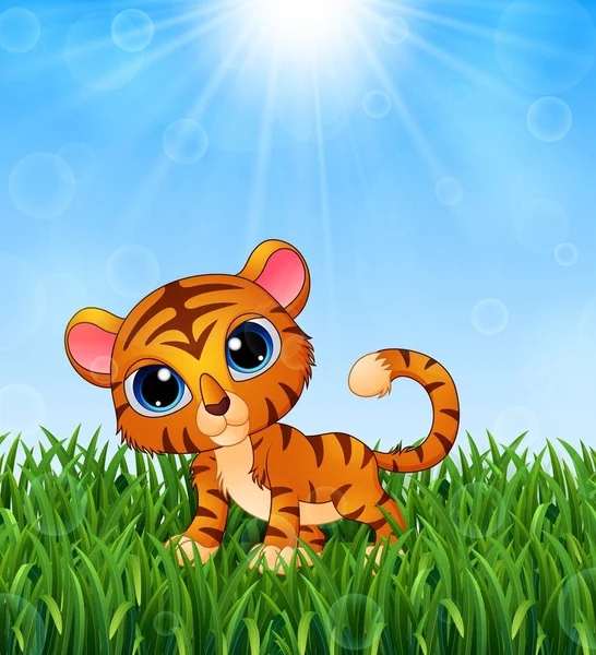 Tigre bebé de dibujos animados en la hierba sobre un fondo de sol brillante — Vector de stock