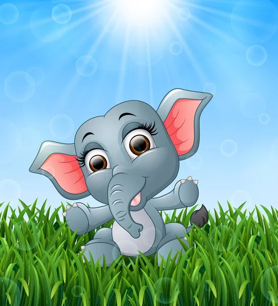 Cartoon baby elephant sitting in the grass on a background of bright sunshine — Stock Vector
