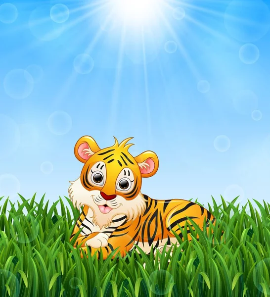 Tigre de bande dessinée couché dans l'herbe sur un fond de soleil brillant — Image vectorielle