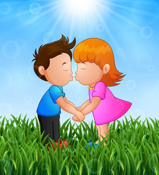 Dessin animé petit garçon et fille embrasser dans l'herbe sur un fond de soleil brillant — Image vectorielle