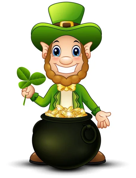 Cartoon Leprechaun with pot of gold and holding clover leaf — Stock Vector