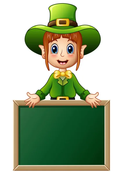 Cartoon girl Leprechaun presenting with chalkboard sign — Stock Vector