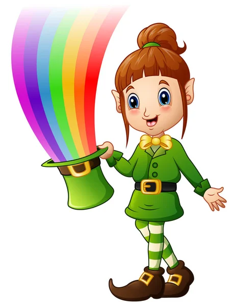 Cartoon girl Leprechaun holding hat with magic rainbow — Stock Vector