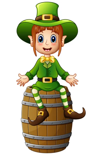 Cartoon girl leprechaun waving with sitting on barrel — Stock Vector