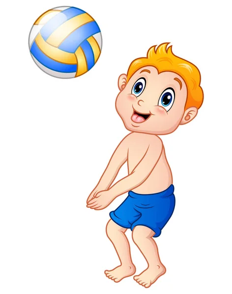 Legrační malý chlapec hraje plážový volejbal — Stockový vektor