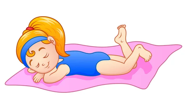Desenhos animados menina tomando banho de sol na toalha —  Vetores de Stock