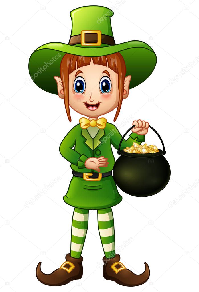 Cartoon girl leprechaun holding a pot of gold