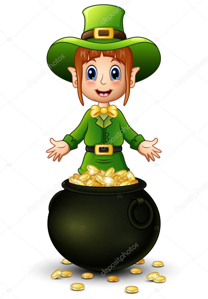 Cartoon girl leprechaun presenting with a pot of gold coins