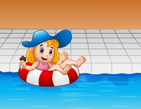 Cartoon meisje zweven met reddingsboei in zwembad — Stockvector