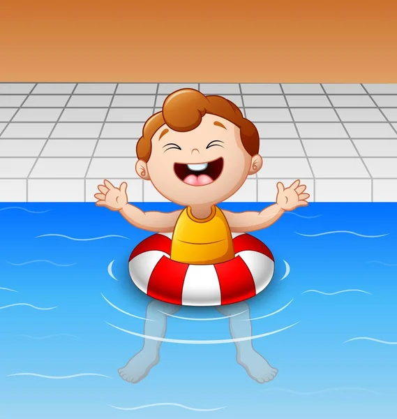 Happy little boy floating in swimming pool with inflatable circle — Stock Vector