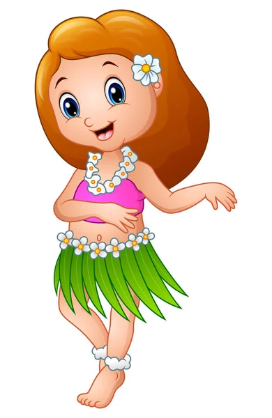 Cute cartoon girl dancing Hula Hawaiian — Stock Vector