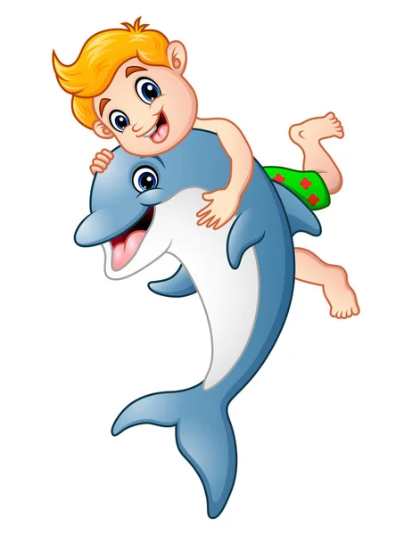 Chłopak Cartoon gry z dolphin — Wektor stockowy