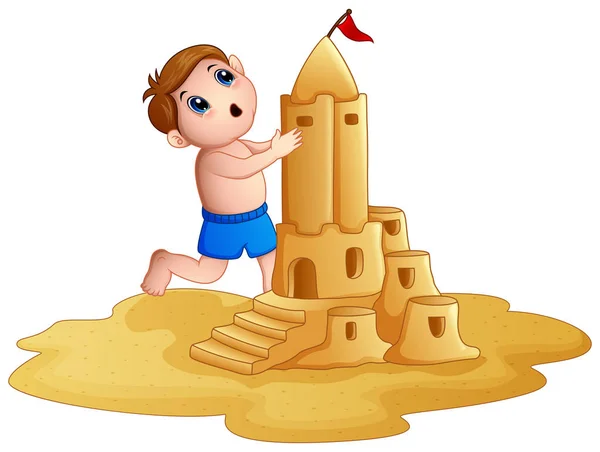 Μικρό αγόρι κάνοντας ένα μεγάλο χτίσμα στην άμμο στην παραλία — Διανυσματικό Αρχείο