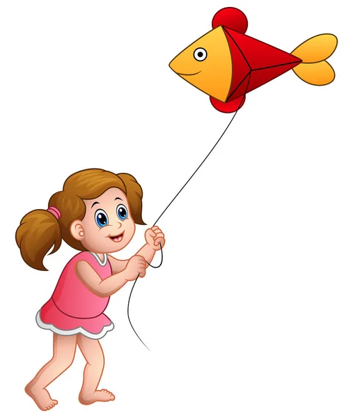 Cartoon fille jouer cerf-volant en forme de poisson — Image vectorielle