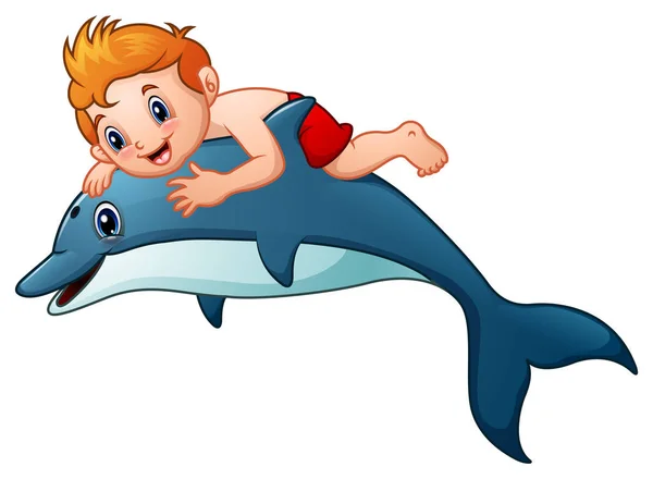 Mały chłopiec cartoon jazda delfiny — Wektor stockowy