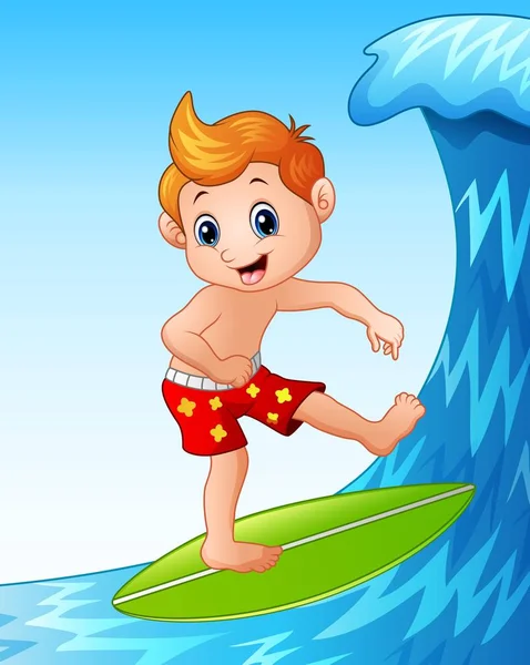 Cartoon jongen spelen surfplank met grote golven — Stockvector