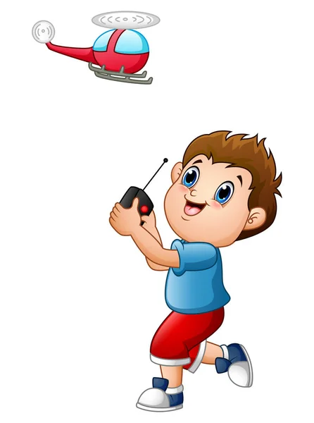 Dessin animé garçon jouer avec quadcopter — Image vectorielle