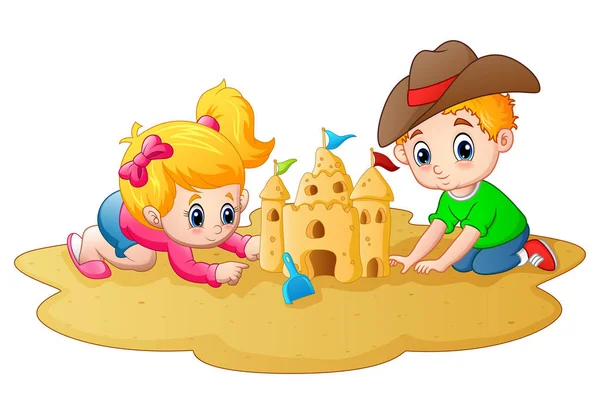 Niño y niña haciendo castillo de arena en la playa — Vector de stock