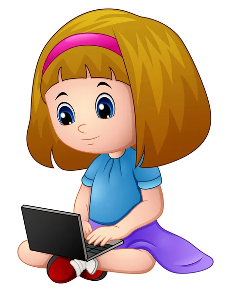 Cartoon Mädchen spielt einen Laptop — Stockvektor