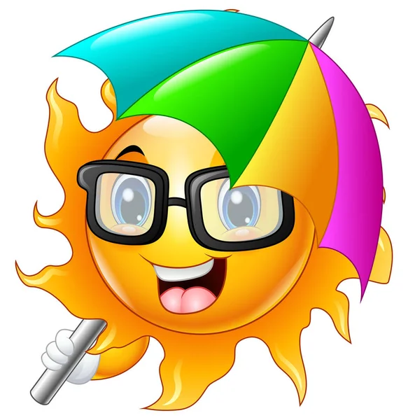 Personaje de dibujos animados de sol en gafas de sol con paraguas — Vector de stock