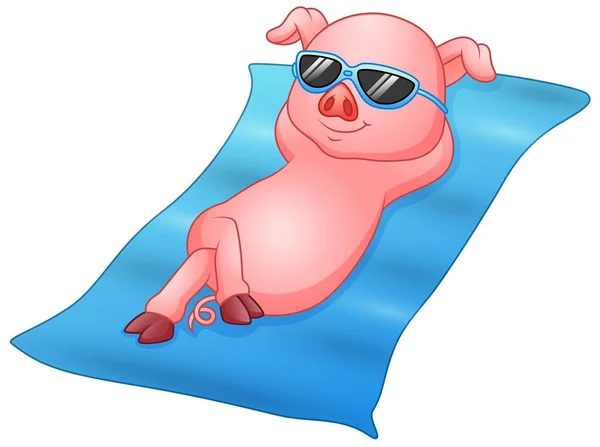 Cartoon piglets sunbathing on beach — Stock Vector