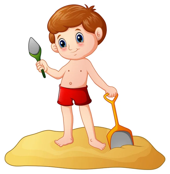 Tecknad liten pojke spela sand med en spade — Stock vektor