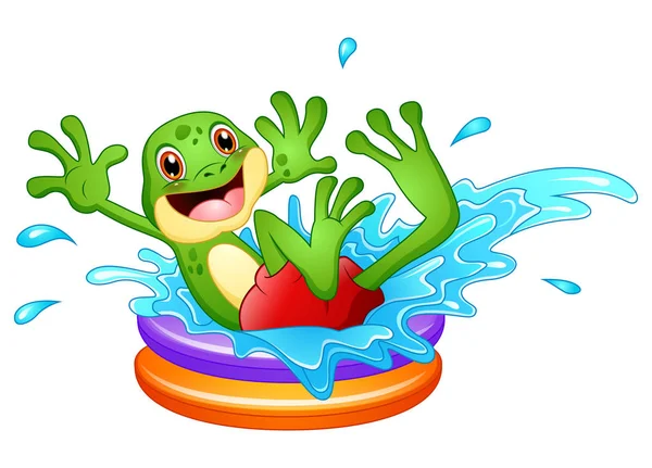 Divertida caricatura de rana sentada encima de la piscina inflable con agua salpicada — Vector de stock